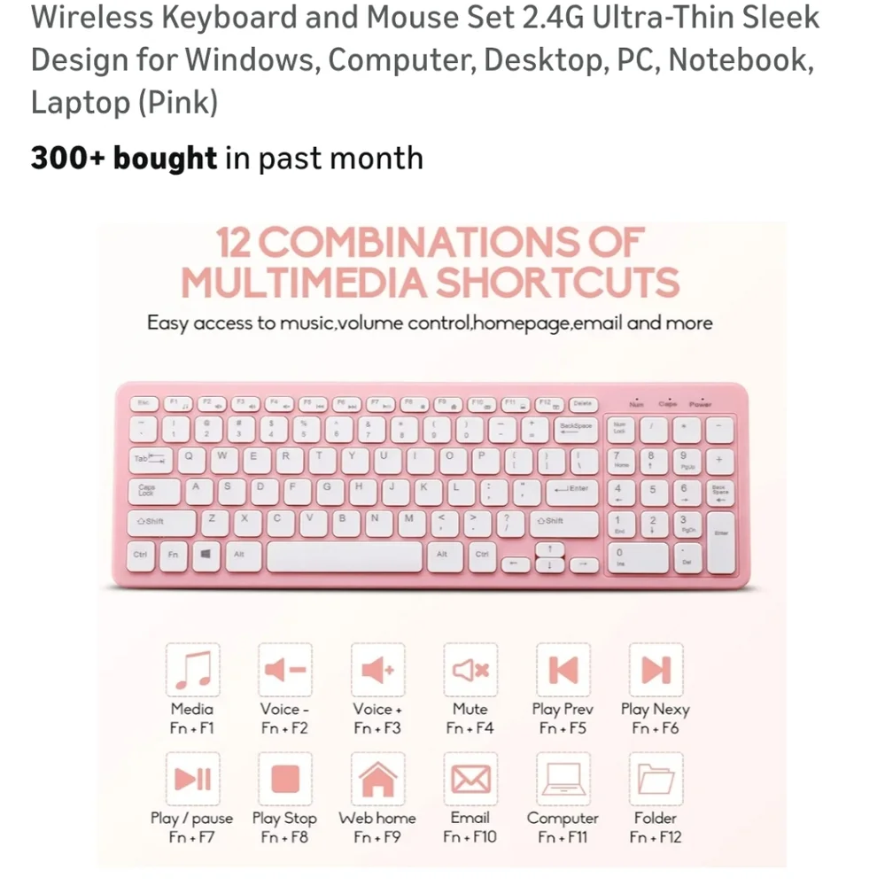 Pink Wireless Keyboard and Mouse Combo Thin Super Cute Pink And White New For De